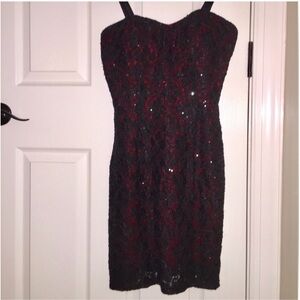 Poly USA Red Spaghetti Strap Cocktail Dress with Black Lace Sequin Overlay